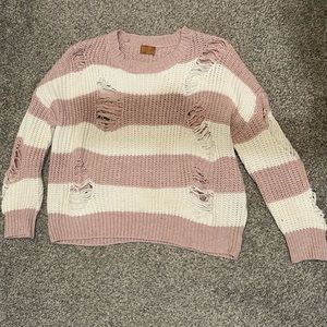 Pink and white distressed stripped sweater